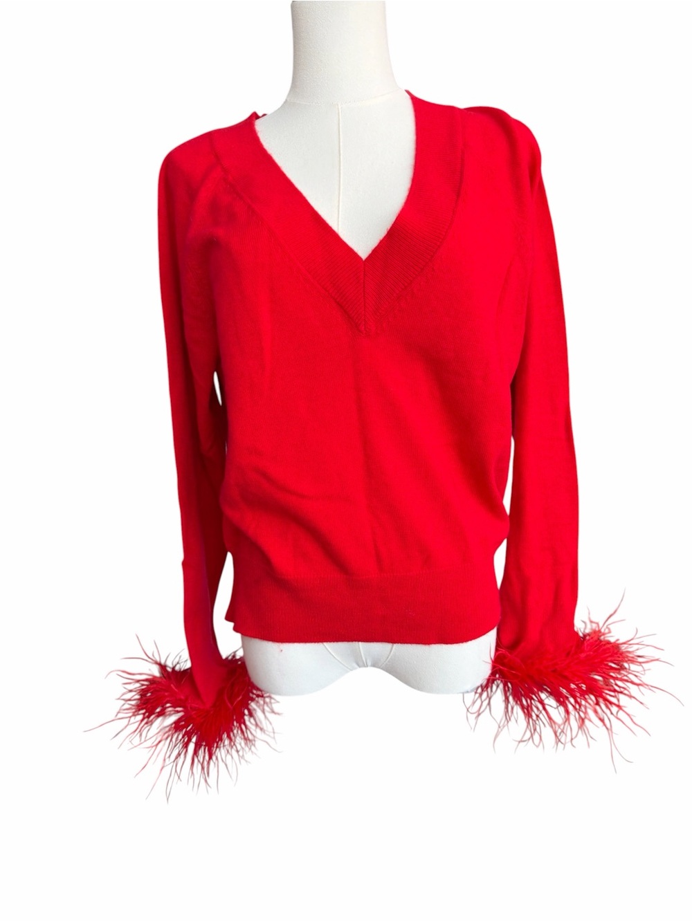 A1-1 MILLY Feather Cuff V-Neck Sweater - Red